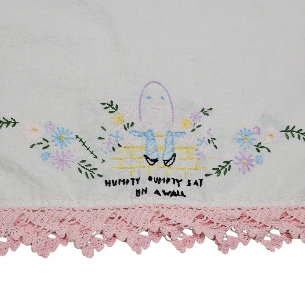 Embroidered Cotton Hand Towels Set of 2 Turtle Humpty Dumpty Pink Blue Lace Trim